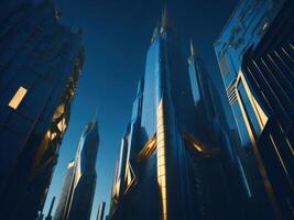 futurista ciudad en vaso oro y azul colores con azul cielo. ai generado foto