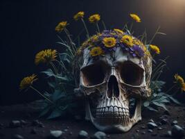 humano cráneo lleno flores Víspera de Todos los Santos. ai generado foto