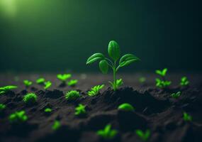 Little green plant growing up on ground. photo