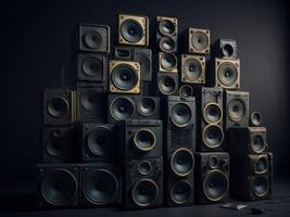 A large stack of vintage music audio speakers. photo