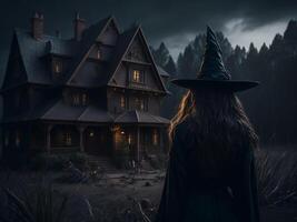 Witch in black clothes near old dark wooden house. Halloween background. photo