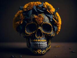 Sugar skull with flowers on black background. photo