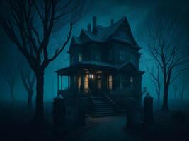 Black Old creepy house at foggy night. Halloween background. photo