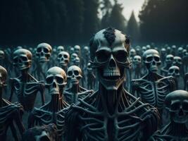 Zombies Skulls and Skeletons Rising from Dark, Halloween background. photo