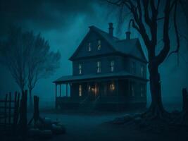 Black Old creepy house at foggy night. Halloween background. photo