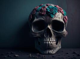 Sugar skull with flowers on black background. photo