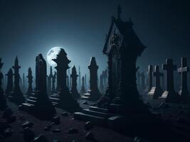 Halloween background with spooky graveyard with fog at night. photo