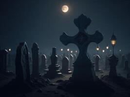 Halloween background with spooky graveyard with fog at night. photo