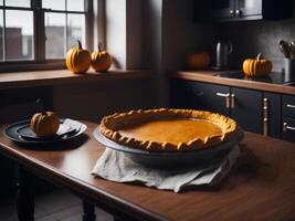 Pumpkin pie on a wooden table. photo