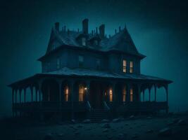 Black Old creepy house at foggy night. Halloween background. photo