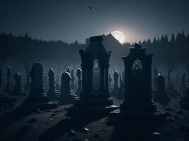 Halloween background with spooky graveyard with fog at night. photo