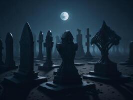 Halloween background with spooky graveyard with fog at night. photo