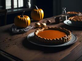 Pumpkin pie on a wooden table. photo