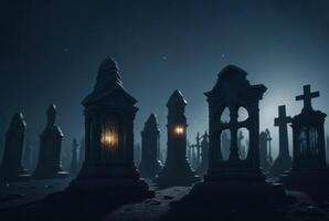 Halloween background with spooky graveyard with fog at night. photo