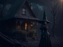 Witch in black clothes near old dark wooden house. Halloween background. photo