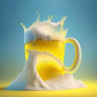 Glass of beer with beautiful foam on yellow background. photo