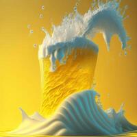 Glass of beer with beautiful foam on yellow background. AI generated photo