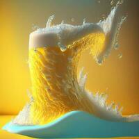 Glass of beer with beautiful foam on yellow background. AI generated photo