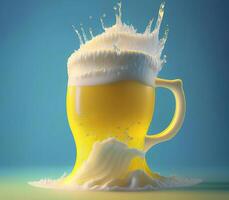 Glass of beer with beautiful foam on yellow background. photo