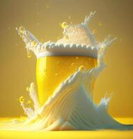 Glass of beer with beautiful foam on yellow background. photo
