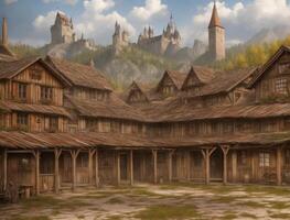 Rustic old German houses for Oktoberfest background.  AI generated photo