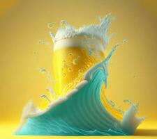 Glass of beer with beautiful foam on yellow background. AI generated photo