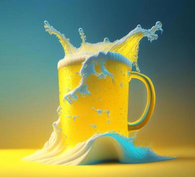 Glass of beer with beautiful foam on yellow background. photo