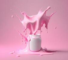 Pink milk splash or yoghurt from glass jar, photo