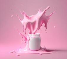 Pink milk splash or yoghurt from glass jar, AI generated photo