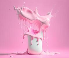 Pink milk splash or yoghurt from glass jar, photo