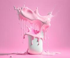 Pink milk splash or yoghurt from glass jar, AI generated photo