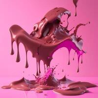 Chocolate splashes on pink background, AI generated photo