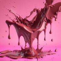 Chocolate splashes on pink background, AI generated photo