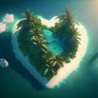 Heart shaped tropic island in the sea, AI generated photo
