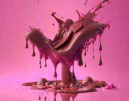 Chocolate splashes on pink background, AI generated photo