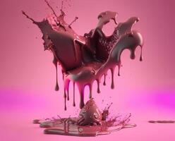 Chocolate splashes on pink background, AI generated photo