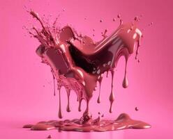 Chocolate splashes on pink background, AI generated photo