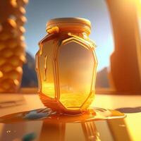 Honey jar in sunny rays, photo
