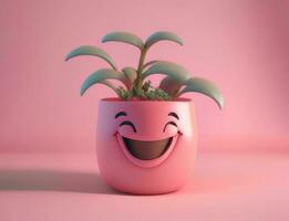 pink cartoon flower pot with green plant, AI generative photo
