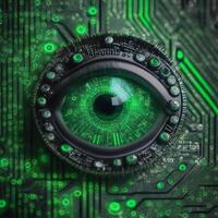 Green futuristic eye, AI generated photo