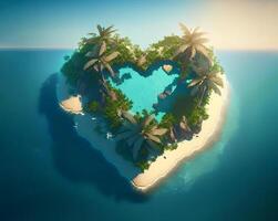 Heart shaped tropic island in the sea, AI generated photo