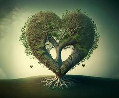 Heart shaped green tree, AI generated photo