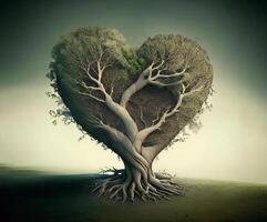 Heart shaped green tree, AI generated photo