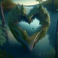 corazón conformado lago en el bosque, ai generado foto