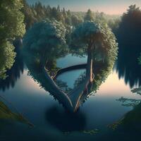 Heart shaped lake in the forest, AI generated photo