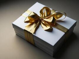 White and Gold gift box golden ribbon luxury, AI generated photo