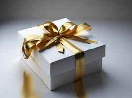 White and Gold gift box golden ribbon luxury, AI generated photo