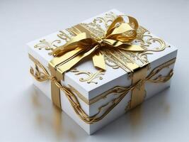 White and Gold gift box golden ribbon luxury, AI generated photo