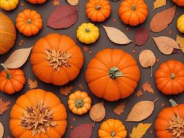 autumnal elements with pumpkins and leaves, AI generated photo