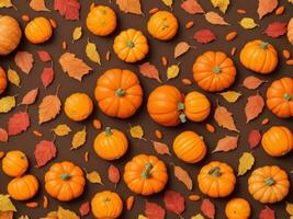 autumnal elements with pumpkins and leaves, AI generated photo